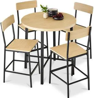 5-Piece Modern Round Counter Height Dining Set for Home Kitchen, Dining Room w/ 4 Chairs, 1.5in Thick Table - Natural 5-Piece Modern Round Counter Height Dining Set for Home Kitchen, Dining Room w/ 4 Chairs, 1.5in Thick Table - Natural
