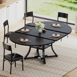 Round Extendable Dining Table Set for 4-6 People, 5-Piece Kitchen Table Set with 4 Cushion Chairs, Dining Room Table for 6 with MDF Board & Metal Frame for Small Space, Easy Clean, Black Round Extendable Dining Table Set for 4-6 People, 5-Piece Kitchen Table Set with 4 Cushion Chairs, Dining Room Table for 6 with MDF Board & Metal Frame for Small Space, Easy Clean, Black
