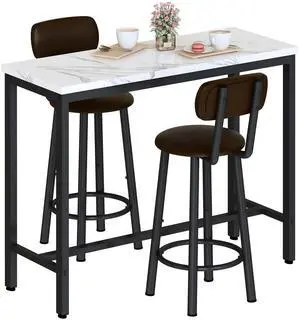 Faux Marble Pub Height Table with 2 PU Upholstered Stools,3-Piece Kitchen Table and Chairs,Suit for Dining Room & Living Room & Breakfast Nook,Space Saving Set for 2,White & Brown,39.3" Faux Marble Pub Height Table with 2 PU Upholstered Stools,3-Piece Kitchen Table and Chairs,Suit for Dining Room & Living Room & Breakfast Nook,Space Saving Set for 2,White & Brown,39.3"