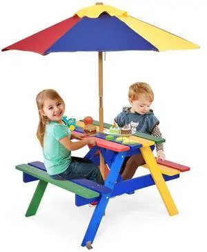 Kids Picnic Table, Fir Wood Kids Outdoor Table and Chairs with Removable Umbrella, Toddler Picnic Table for Patio, Backyard, Garden (Multicolor) Kids Picnic Table, Fir Wood Kids Outdoor Table and Chairs with Removable Umbrella, Toddler Picnic Table for Patio, Backyard, Garden (Multicolor)