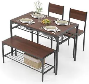 Dining Table Set for 4, Dinette Set with Bench, Storage Racks, Metal Frame & Space-Saving, Industrial Kitchen Table and Chairs for Small Space, Apartment, Walnut | 4-Piece Dinette Set, Non-Slip Foot P Dining Table Set for 4, Dinette Set with Bench, Storage Racks, Metal Frame & Space-Saving, Industrial Kitchen Table and Chairs for Small Space, Apartment, Walnut | 4-Piece Dinette Set, Non-Slip Foot P