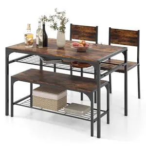Dining Table Set for 4, Dinette Set with Bench, Storage Racks, Metal Frame & Space-Saving, Industrial Kitchen Table and Chairs for Small Space, Apartment, Rustic Brown Dining Table Set for 4, Dinette Set with Bench, Storage Racks, Metal Frame & Space-Saving, Industrial Kitchen Table and Chairs for Small Space, Apartment, Rustic Brown