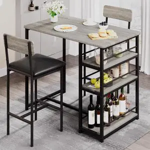 Dining Table Set for 2, Kitchen Table and Upholstered Chairs for 2, 3 Piece Counter Height Bar Table Set with 3 Large Storage Shelves for Small Space, Apartment, Studio, Rustic Gray Dining Table Set for 2, Kitchen Table and Upholstered Chairs for 2, 3 Piece Counter Height Bar Table Set with 3 Large Storage Shelves for Small Space, Apartment, Studio, Rustic Gray