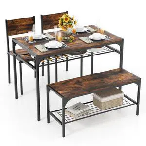 Dining Table Set for 4, Kitchen Table and 2 Chairs for 4 with Bench, Additonal Storage Rack, 4 Piece Dining Table Set for Small Space, Apartment Dining Table Set for 4, Kitchen Table and 2 Chairs for 4 with Bench, Additonal Storage Rack, 4 Piece Dining Table Set for Small Space, Apartment