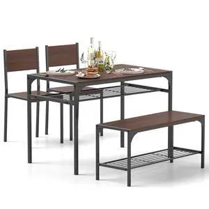 Dining Table Set for 4, Kitchen Table and 2 Chairs for 4 with Bench, Additonal Storage Rack, 4 Piece Dining Table Set for Small Space, Apartment Dining Table Set for 4, Kitchen Table and 2 Chairs for 4 with Bench, Additonal Storage Rack, 4 Piece Dining Table Set for Small Space, Apartment