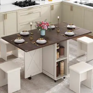 5 PCS Farmhouse Dining Table Set for 4,60" Large Folding Dining Table Set w/ 4 Leather Chairs, Drop Leaf Foldable Kitchen Table for Small Spaces,Barn Door Design,6 Wheels,2-Layer Storage Shelf,Brown 5 PCS Farmhouse Dining Table Set for 4,60" Large Folding Dining Table Set w/ 4 Leather Chairs, Drop Leaf Foldable Kitchen Table for Small Spaces,Barn Door Design,6 Wheels,2-Layer Storage Shelf,Brown