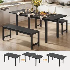 63 Large Extendable Dining Table Set for 4-6 with 180° Smart-Flip Pivot, Kitchen Table Set with Bench, Dining Room Table with Metal Frame & MDF Board, Perfect for Small Space, Black 63 Large Extendable Dining Table Set for 4-6 with 180° Smart-Flip Pivot, Kitchen Table Set with Bench, Dining Room Table with Metal Frame & MDF Board, Perfect for Small Space, Black