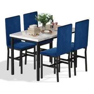 Dining Table Set for 4- Space Saving Kitchen Table and Chairs for 4, Modern Style Faux Marble Tabletop & 4 Blue Velvet Chairs for Dining Room, Kitchen, Breakfast Corner Small Spaces, Blue Dining Table Set for 4- Space Saving Kitchen Table and Chairs for 4, Modern Style Faux Marble Tabletop & 4 Blue Velvet Chairs for Dining Room, Kitchen, Breakfast Corner Small Spaces, Blue