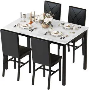 Dining Table Set for 4 Faux Marble Kitchen Table and Chairs Set of 4,5 Piece with PU Leather Upholstered Dinner Chairs for Compact Dining Room,Small Space,Black Dining Table Set for 4 Faux Marble Kitchen Table and Chairs Set of 4,5 Piece with PU Leather Upholstered Dinner Chairs for Compact Dining Room,Small Space,Black