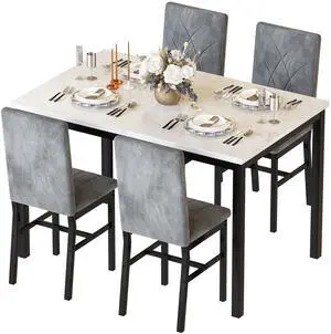 Dining Table Set for 4 Faux Marble Kitchen Table and Chairs Set of 4,5 Piece with Velvet Upholstered Dinner Chairs for Compact Dining Room,Small Space,Grey Dining Table Set for 4 Faux Marble Kitchen Table and Chairs Set of 4,5 Piece with Velvet Upholstered Dinner Chairs for Compact Dining Room,Small Space,Grey