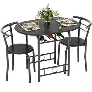 Dining Table for 2, 3 Piece Round Table & Chair Set, Small Kitchen Table for Breakfast Nook, Wood Grain Tabletop and Built-in Storage Rack, Space Saving for Kitchen, Dining Room (Black) Dining Table for 2, 3 Piece Round Table & Chair Set, Small Kitchen Table for Breakfast Nook, Wood Grain Tabletop and Built-in Storage Rack, Space Saving for Kitchen, Dining Room (Black)