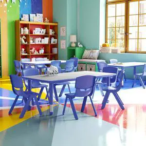 23.625" W x 47.25" L Blue Plastic Activity Table Set-6 Chairs 23.625" W x 47.25" L Blue Plastic Activity Table Set-6 Chairs