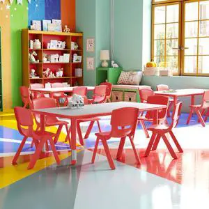 23.625" W x 47.25" L Red Plastic Activity Table Set-6 Chairs 23.625" W x 47.25" L Red Plastic Activity Table Set-6 Chairs