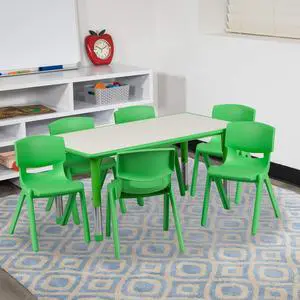 23.625" W x 47.25" L Green Plastic Activity Table Set-6 Chairs 23.625" W x 47.25" L Green Plastic Activity Table Set-6 Chairs