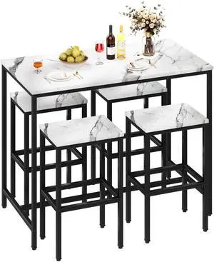 5 Piece Bar Table Set, White Kitchen Bar Table and Chairs Set of 4, Modern Metal Counter Height Table with Stools for Dining Room, Living Room Breakfast Table Faux Marble Wood Top 5 Piece Bar Table Set, White Kitchen Bar Table and Chairs Set of 4, Modern Metal Counter Height Table with Stools for Dining Room, Living Room Breakfast Table Faux Marble Wood Top