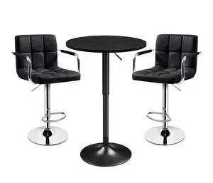 3-Piece Bar Table Set, Round Bar Table and PU Leather Adjustable Swivel Chairs, Modern Counter Height Table Set with 2 Bar Stools for Kitchen, Full Black 3-Piece Bar Table Set, Round Bar Table and PU Leather Adjustable Swivel Chairs, Modern Counter Height Table Set with 2 Bar Stools for Kitchen, Full Black