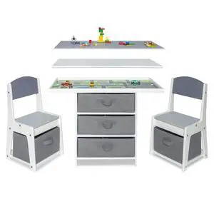 Kids 3-in-1 Play Table and Chair Set Wood with Storage Baskets, Compatible with Lego and Duplo Bricks, Activity Table Playset Furniture with Modern Gray Colors Kids 3-in-1 Play Table and Chair Set Wood with Storage Baskets, Compatible with Lego and Duplo Bricks, Activity Table Playset Furniture with Modern Gray Colors