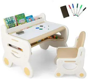 Toddler Table and Chair Set, Plastic Activity Desk w/Whiteboard, Watercolor Pens, Blackboard Eraser & Storage Shelf for Drawing Reading Dinning, Kids Table and Chair (Coffee) Toddler Table and Chair Set, Plastic Activity Desk w/Whiteboard, Watercolor Pens, Blackboard Eraser & Storage Shelf for Drawing Reading Dinning, Kids Table and Chair (Coffee)