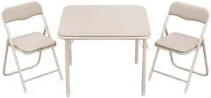 3-Piece Folding Upholstered Table and Chair Set with PU Soft Cushion, Square Card Table for Kids, Daycare and Classroom Use, Beige 3-Piece Folding Upholstered Table and Chair Set with PU Soft Cushion, Square Card Table for Kids, Daycare and Classroom Use, Beige