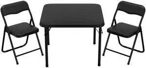 3-Piece Folding Card Table and Chairs Set for Kids, 24 Inch Square Foldable Table with 2 PU Cushion Padded Chairs, Steel Frame Space Saving Set for Game Room, Multipurpose Room, Indoor Use, Black 3-Piece Folding Card Table and Chairs Set for Kids, 24 Inch Square Foldable Table with 2 PU Cushion Padded Chairs, Steel Frame Space Saving Set for Game Room, Multipurpose Room, Indoor Use, Black