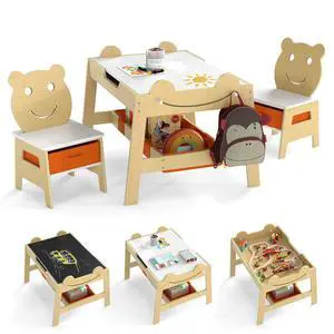 Kids Table and Chairs, Multifunctional Art Desk Set w/Chalkboard & Whiteboard, 4 Hooks, Large Storage Space and 2 Bins for Children 3+, Toddler Activity Table Set (Natural, 27.5 x 24 x 20) Kids Table and Chairs, Multifunctional Art Desk Set w/Chalkboard & Whiteboard, 4 Hooks, Large Storage Space and 2 Bins for Children 3+, Toddler Activity Table Set (Natural, 27.5 x 24 x 20)