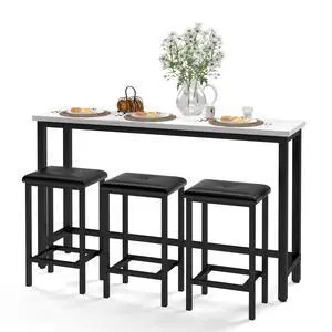 Bar Table Set for 3, 60.2 Faux Marble Behind Couch Table Set, Modern Sofa Table with 3 Upholstered PU Stools, Space-Saving Bar Tables and Stools for Home, Apartment, Small Spaces (Black) Bar Table Set for 3, 60.2 Faux Marble Behind Couch Table Set, Modern Sofa Table with 3 Upholstered PU Stools, Space-Saving Bar Tables and Stools for Home, Apartment, Small Spaces (Black)