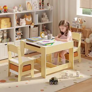 3-in-1 Kids Table and Chair Set with Removable Tabletop Storage, Toddler Craft Table and Chairs for Drawing Playing Studying Eating in Playroom Kids Room Living Room, Natural 3-in-1 Kids Table and Chair Set with Removable Tabletop Storage, Toddler Craft Table and Chairs for Drawing Playing Studying Eating in Playroom Kids Room Living Room, Natural