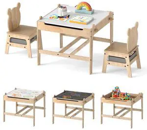 Kids Table and Chairs, 3 in 1 Wooden Activity Toddler Desk w/Reversible Whiteboard & Chalkboard, Hidden Space and Drawers for Arts, Crafts, Play, Toddler Table and Chair Set (Gray, Panda) Kids Table and Chairs, 3 in 1 Wooden Activity Toddler Desk w/Reversible Whiteboard & Chalkboard, Hidden Space and Drawers for Arts, Crafts, Play, Toddler Table and Chair Set (Gray, Panda)