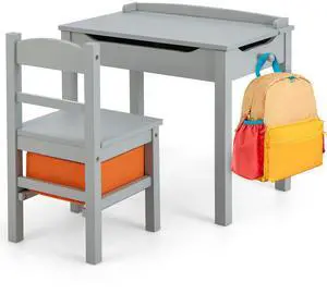 Kids Table and Chair Set, Flip Top Toddler Study Desk w/Chair for Playroom & Nursery, Wood Activity Table Set w/Storage Space, Safety Hinge, Pull-Out Drawer & Hook for Arts, Crafts (Grey) Kids Table and Chair Set, Flip Top Toddler Study Desk w/Chair for Playroom & Nursery, Wood Activity Table Set w/Storage Space, Safety Hinge, Pull-Out Drawer & Hook for Arts, Crafts (Grey)