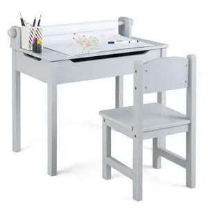 Kids Table and Chair Set, Flip Top Kids Art Craft Table w/Chair for Playroom Kindergarten, Toddler Drawing Writing Desk Set w/Paper Roll & 2 Markers, Gift for Boys Girls Ages 3+ (Gray) Kids Table and Chair Set, Flip Top Kids Art Craft Table w/Chair for Playroom Kindergarten, Toddler Drawing Writing Desk Set w/Paper Roll & 2 Markers, Gift for Boys Girls Ages 3+ (Gray)