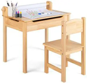 Kids Table and Chair Set, Flip Top Kids Art Craft Table w/Chair for Playroom Kindergarten, Toddler Drawing Writing Desk Set w/Paper Roll & 2 Markers, Gift for Boys Girls Ages 3+ (Natural) Kids Table and Chair Set, Flip Top Kids Art Craft Table w/Chair for Playroom Kindergarten, Toddler Drawing Writing Desk Set w/Paper Roll & 2 Markers, Gift for Boys Girls Ages 3+ (Natural)