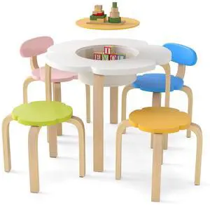 Kids Table and Chair Set, Wooden Toddler Flower-Shaped Table and 4 Chairs w/Storage for Art Craft, Dining, 5-Piece Children Furniture for Daycare, Kindergarten, Playroom (Colorful + White) Kids Table and Chair Set, Wooden Toddler Flower-Shaped Table and 4 Chairs w/Storage for Art Craft, Dining, 5-Piece Children Furniture for Daycare, Kindergarten, Playroom (Colorful + White)