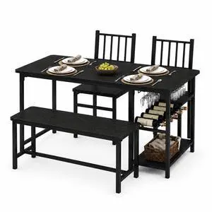Black Dining Table Set for 4 with Bench, 55" Kitchen Table and Chairs Set with Wine Rack, Glass Holder & Storage Shelves, Space Saving Dining Room Table Set for Small Kitchen, Apartment Black Dining Table Set for 4 with Bench, 55" Kitchen Table and Chairs Set with Wine Rack, Glass Holder & Storage Shelves, Space Saving Dining Room Table Set for Small Kitchen, Apartment