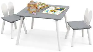 Kids Table and Chair Set, 3 Pieces Wooden Activity Table & 2 Rabbit Shaped Chairs with Solid Wood Legs, Space-Saving Design, Toddler Table and Chairs for Children Playroom Kindergarten (Gray) Kids Table and Chair Set, 3 Pieces Wooden Activity Table & 2 Rabbit Shaped Chairs with Solid Wood Legs, Space-Saving Design, Toddler Table and Chairs for Children Playroom Kindergarten (Gray)