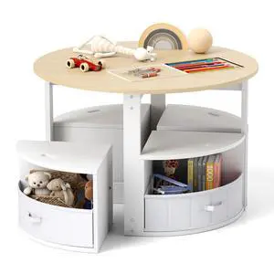 Kids Table and Chairs, 5 Pieces Wooden Round Children Nesting Desk with 4 Storage Stools & 4 Fabric Drawers for Activity, Play, Art, Read, Craft, Eat, Toddler Table and Chair Set (Beige) Kids Table and Chairs, 5 Pieces Wooden Round Children Nesting Desk with 4 Storage Stools & 4 Fabric Drawers for Activity, Play, Art, Read, Craft, Eat, Toddler Table and Chair Set (Beige)