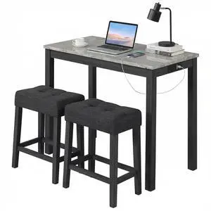 3-Piece Bar Table Set with Charging Station, Modern Counter Height Breakfast Table w/Faux Marble Top & 2 Padded Stools, Wooden Console Table Set for Living Room, Kitchen, Dining Room (Gray) 3-Piece Bar Table Set with Charging Station, Modern Counter Height Breakfast Table w/Faux Marble Top & 2 Padded Stools, Wooden Console Table Set for Living Room, Kitchen, Dining Room (Gray)