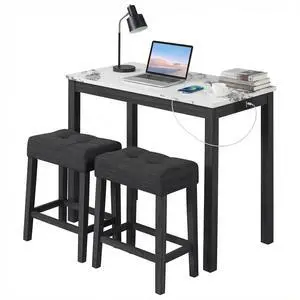 3-Piece Bar Table Set with Charging Station, Modern Counter Height Breakfast Table w/Faux Marble Top & 2 Padded Stools, Wooden Console Table Set for Living Room, Kitchen, Dining Room (White) 3-Piece Bar Table Set with Charging Station, Modern Counter Height Breakfast Table w/Faux Marble Top & 2 Padded Stools, Wooden Console Table Set for Living Room, Kitchen, Dining Room (White)