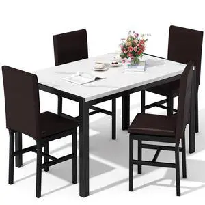 5 Piece Dining Table Set for 4, Faux Marble Kitchen Table with Upholstered Chairs, Modern Dinner Table Set for Dining Room, Small Spaces, White&Brown 5 Piece Dining Table Set for 4, Faux Marble Kitchen Table with Upholstered Chairs, Modern Dinner Table Set for Dining Room, Small Spaces, White&Brown