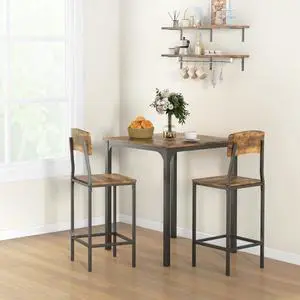 3-Piece Counter Height Bar Table with Space-Saving Design, Square Kitchen Table and Chairs Set with Footrest, Metal Legs, Industrial Dining Table Set for 2, Rustic Brown and Black 3-Piece Counter Height Bar Table with Space-Saving Design, Square Kitchen Table and Chairs Set with Footrest, Metal Legs, Industrial Dining Table Set for 2, Rustic Brown and Black