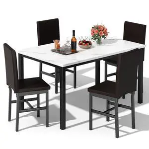 5 Piece Dining Table Set for 4, Faux Marble Kitchen Table with Upholstered Chairs, Modern Dinner Table Set for Dining Room, Apartment, Small Spaces, White&Brown 5 Piece Dining Table Set for 4, Faux Marble Kitchen Table with Upholstered Chairs, Modern Dinner Table Set for Dining Room, Apartment, Small Spaces, White&Brown