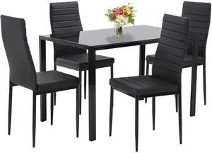 Dining Room Table Set 5-Piece Kitchen with 4 Faux Leather Metal Frame Chairs Rectangular Modern for Small Spaces w/Glass Tabletop Kitchen Table and Chairs, Black Glass Dining Room Table Set 5-Piece Kitchen with 4 Faux Leather Metal Frame Chairs Rectangular Modern for Small Spaces w/Glass Tabletop Kitchen Table and Chairs, Black Glass