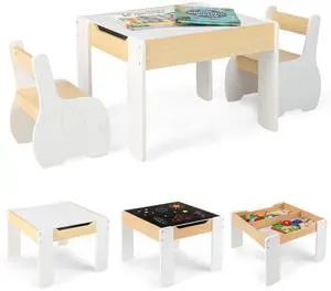3 in 1 Kids Table and Chair Set, Wood Multi Activity Table with Removable Tabletop Storage, Detachable Blackboard for Toddler Playing Drawing Arts Crafts,3 PCS Children Furniture 3 in 1 Kids Table and Chair Set, Wood Multi Activity Table with Removable Tabletop Storage, Detachable Blackboard for Toddler Playing Drawing Arts Crafts,3 PCS Children Furniture