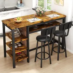 3-Piece Bar Table and Chairs Set, Counter Height Dining Table Set with Storage & 2 Upholstered Stools, Hightop Kitchen Bar Table for Small Space, Pub & Bistro 3-Piece Bar Table and Chairs Set, Counter Height Dining Table Set with Storage & 2 Upholstered Stools, Hightop Kitchen Bar Table for Small Space, Pub & Bistro