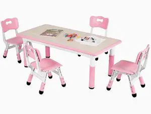 Kids Table and 4 Chairs, Height Adjustable Toddler Desk & Chair Set, Anti-Slip Legs, Graffiti Desktop, Children Large Multi-Activity Table with 47.2" x 23.6", Classroom, Homes, Daycares (Pink) Kids Table and 4 Chairs, Height Adjustable Toddler Desk & Chair Set, Anti-Slip Legs, Graffiti Desktop, Children Large Multi-Activity Table with 47.2" x 23.6", Classroom, Homes, Daycares (Pink)