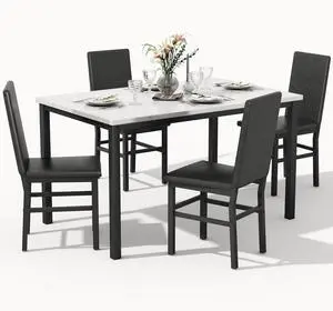 Dining Table Set for 4, 5-Piece Faux Marble Dining Set,4 Upholstered PU Chairs, Modern Kitchen Table Furniture for Dining Room,Compact Space-Saving Faux Marble Tabletop (White + Black) Dining Table Set for 4, 5-Piece Faux Marble Dining Set,4 Upholstered PU Chairs, Modern Kitchen Table Furniture for Dining Room,Compact Space-Saving Faux Marble Tabletop (White + Black)