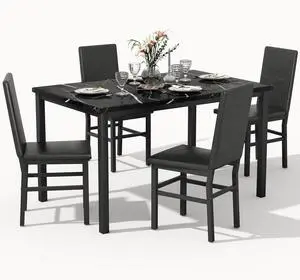 Dining Table Set for 4, 5-Piece Faux Marble Dining Set,4 Upholstered PU Chairs, Modern Kitchen Table Furniture for Dining Room,Compact Space-Saving Faux Marble Tabletop (Black + Black) Dining Table Set for 4, 5-Piece Faux Marble Dining Set,4 Upholstered PU Chairs, Modern Kitchen Table Furniture for Dining Room,Compact Space-Saving Faux Marble Tabletop (Black + Black)
