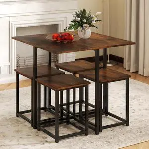 Compact Dining Table Set for 4, Small Kitchen Table Set with Square Stools and Metal Frame, Perfect for Small Spaces, Home Kitchen Bar and Apartments Compact Dining Table Set for 4, Small Kitchen Table Set with Square Stools and Metal Frame, Perfect for Small Spaces, Home Kitchen Bar and Apartments