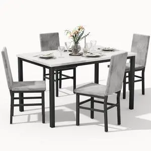 Dining Table Set for 4, 5-Piece Faux Marble Dining Set,4 Upholstered PU Chairs, Modern Kitchen Table Furniture for Dining Room,Compact Space-Saving Faux Marble Tabletop (White + Grey) Dining Table Set for 4, 5-Piece Faux Marble Dining Set,4 Upholstered PU Chairs, Modern Kitchen Table Furniture for Dining Room,Compact Space-Saving Faux Marble Tabletop (White + Grey)