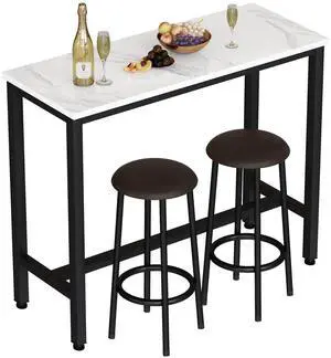 47.2" Bar Table Set of 2,Faux Marble Pub Height Table and Chairs Set of 2 with Upholstered Stools,3 Piece Bar Table and Chairs Set Dining Table Set for Living Room,Kitchen,Bar,White & Brown 47.2" Bar Table Set of 2,Faux Marble Pub Height Table and Chairs Set of 2 with Upholstered Stools,3 Piece Bar Table and Chairs Set Dining Table Set for Living Room,Kitchen,Bar,White & Brown