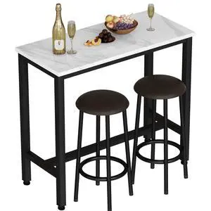 39.3" Bar Table Set of 2,Faux Marble Pub Height Table and Chairs Set of 2 with Upholstered Stools,3 Piece Bar Table and Chairs Set Dining Table Set for Living Room,Kitchen,Bar,White & Brown 39.3" Bar Table Set of 2,Faux Marble Pub Height Table and Chairs Set of 2 with Upholstered Stools,3 Piece Bar Table and Chairs Set Dining Table Set for Living Room,Kitchen,Bar,White & Brown